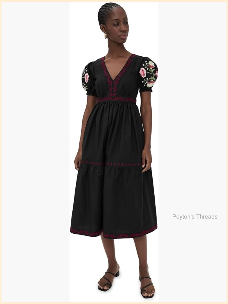 V-Neck Midi Dress With Puff Sleeves And Embroidered Floral Details